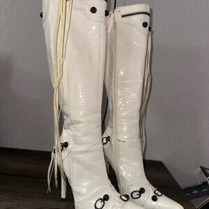 White Croc-Embossed Knee-High Stiletto Boots